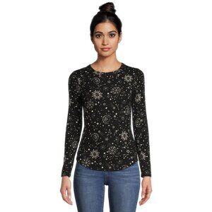 No Boundaries Womens Long-Sleeve Black Celestial Print Ribbed Crewneck Shirt S